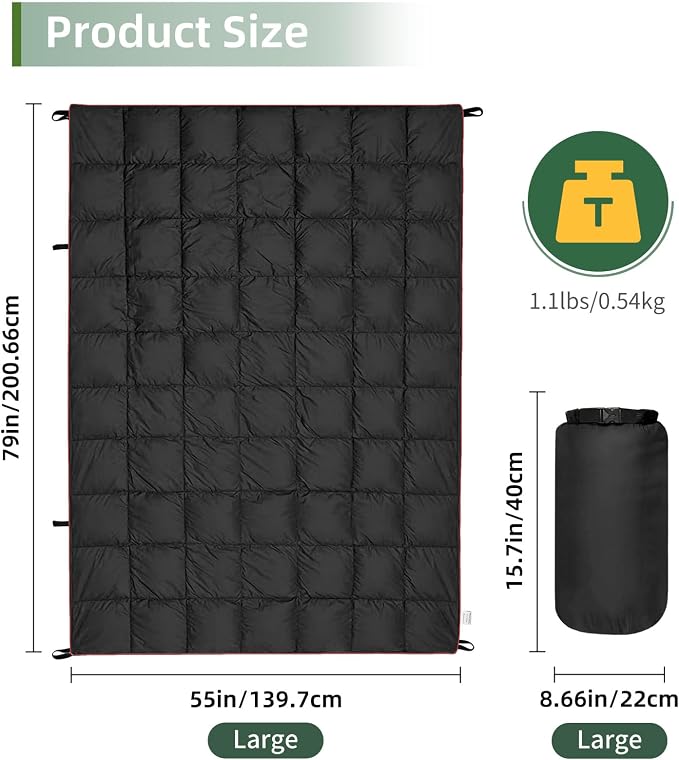 Outdoor Puffy Camping Blanket, Packable Outdoor Blanket Waterproof Down Alternative for Camping, Hiking, Backpacking, Traveling, Picnic, Beach, Lawn, Stadium (Black, 55 * 79'')