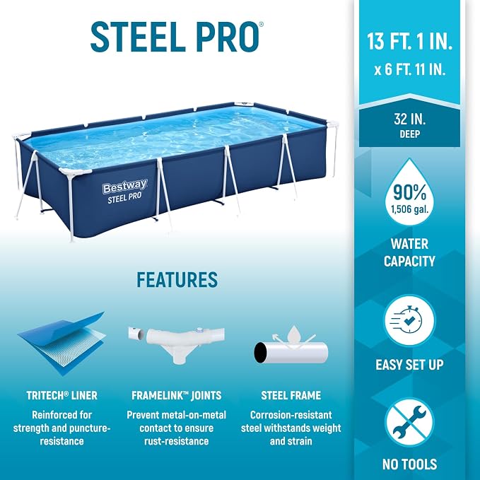 Bestway Steel Pro 13.1' x 6.8' x 32" Above Ground Swimming Pool Set w/Pump | Durable Rectangular Metal Frame Outdoor Backyard Pool, Puncture-Resistant Liner - Type I Filter Cartridge Included, Blue