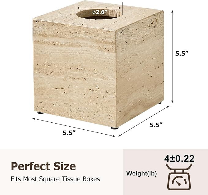 Real Natural Travertine Tissue Box Cover, 5.5 Inch Square Travertine Tissue Box Holder with Open Bottom, Heavy Stone Decorative Organizer for Bathroom Vanity, Kitchen Countertop, Luxury Home Décor