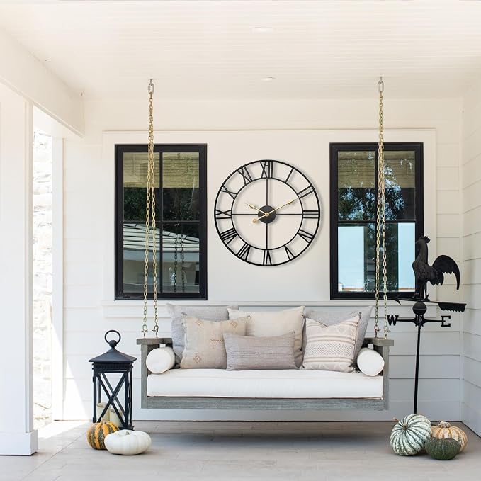 30 Inch Exact Large Outdoor Clock - Black Metal Waterproof Outdoor Clock for Patio, Pool Area, Porch, Garden, Deck - Battery Operated Gaint Vintage Farmhouse Decorative Wall Clock