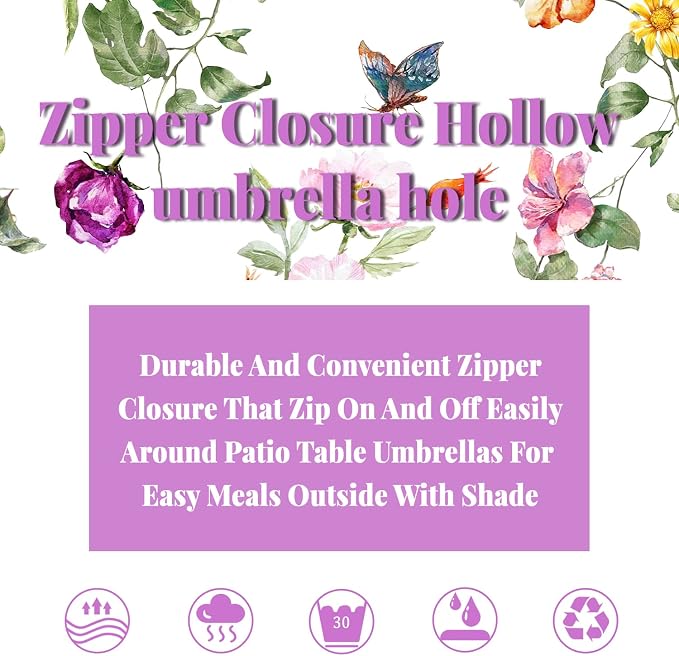 Outdoor Tablecloth with Umbrella Hole and Zipper, Patio Table Covers for Spring/Summer, Machine Washable Outdoor Party/Picnic Rectangle Table Cloth 60 x 102 in