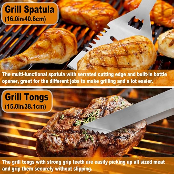 POLIGO 28Pcs Grilling Accessories in Bag with Meat Injector, Barbecue Claws, Mats, Thermometer for Smoker, Camping BBQ Grill Utensil Set Dad Gift for Fathers Day Birthday Grilling Gifts for Men Silver