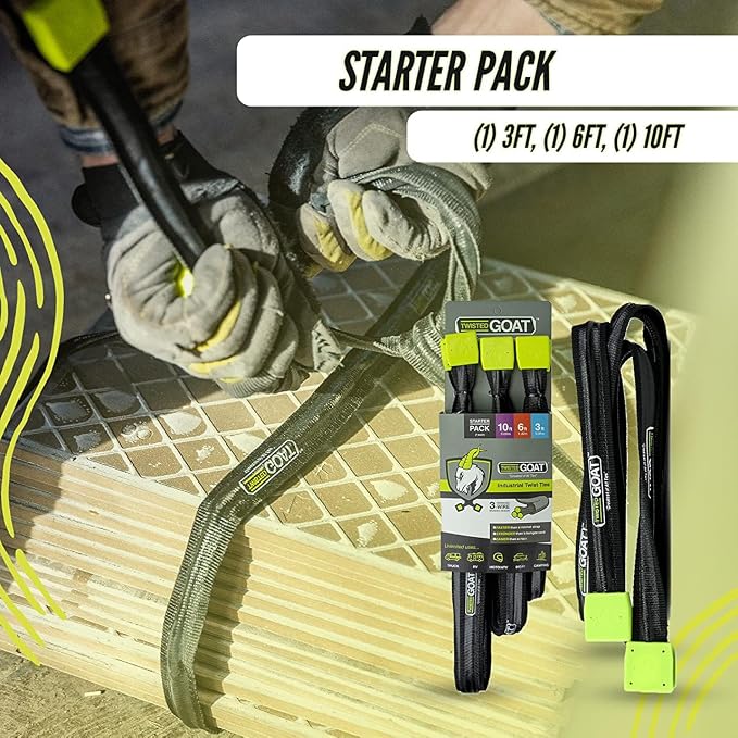 Twisted Goat Industrial Twist Ties - Heavy Duty Reusable, Flexible Ties for Securing Cargo, Hanging Hammocks, Organizing Camping Gear, and More! Starter Pack (3-FT, 6-FT, 10-FT)