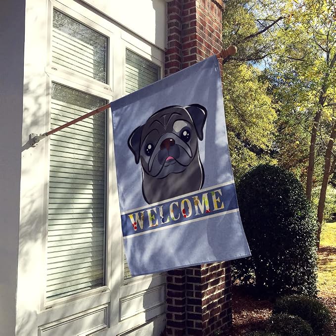 Caroline's Treasures BB1449CHF Black Pug Welcome House Flag, Blue Large Porch Sleeve Pole Decorative Outside Yard Banner Artwork Wall Hanging, Polyester, House Size, Multicolor