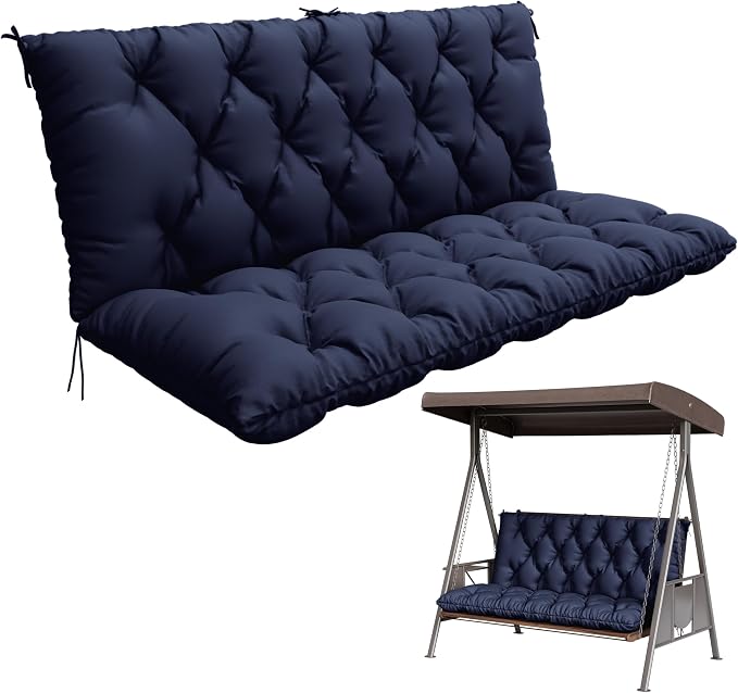 Porch Swing Cushion with Backrest,Waterproof Bench Cushion for Outdoor Furniture,2-3 Seater Replacement Thickened 5 in swing cushion,with Ties,Patio,Outdoor,Backyard and Garden (Navy Blue,60x40 in)