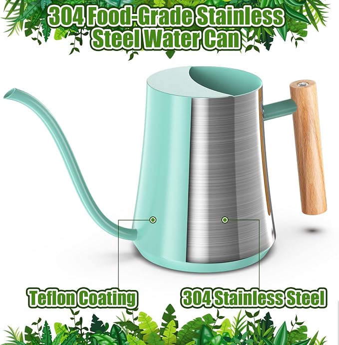 Green Moon 1L/35oz Metal Watering Can Indoor with Long Spout, Mint Green | Metal Stainless Steel Watering Can with Wood Handle for Indoor Plants, House Bonsai, Succulents, and Outdoor Garden Flowers