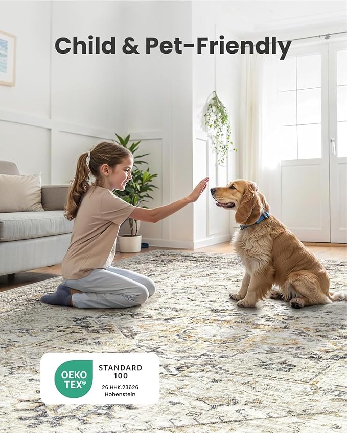 AMADA HOMEFURNISHING Washable Area Rug, Low-Profile Large Area Rug with Non-Slip Backing & Durable Edge Binding, Vintage Large Rugs for Living Room, Bedroom, Dinning Room, 9x12, Grey/Beige