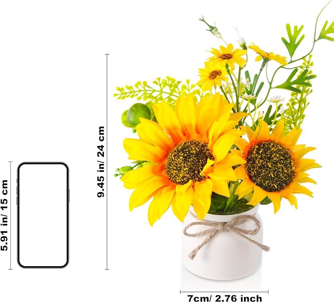 Zeyune 6 Pcs Sunflower Potted Plants Rustic Summer Spring Kitchen Wedding Table Centerpieces Silk Yellow Fake Flower with Plastic Pot for Home Bathroom Office (White,Sunflower)