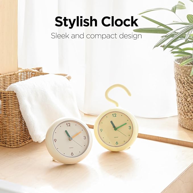 mooas Marshmallow Shower Bathroom Clock, Waterproof Shower Clock, Silent Non-Ticking Battery Operated with Stand, Hook, Suction, Bathroom Kitchen Shower Booth (Ivory)