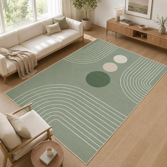 Area Rug 5x7 Boho Modern Minimalist Geometric Abstract Rug Sage Green Mid Century Modern Rug for Living Room Machine Washable Non-Slip Printed Low Pile Indoor Carpet for Bedroom Dining Room Office