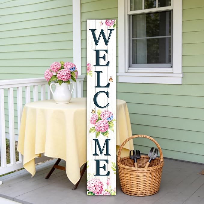 Welcome Sign for Front Porch, 47" Wood Framed Porch Sign Hydrangea Flower Decorations with Hanging Rope, Farmhouse Yard Signs Home Decor for Outdoor Patio