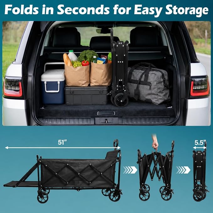 Collapsible Wagon Cart, 300L Folding Wagon with Tailgate & Brakes | extra large wagon cart with rear tailgate, brakes, large all-terrain wheels for camping, groceries, beach, outdoor hauling