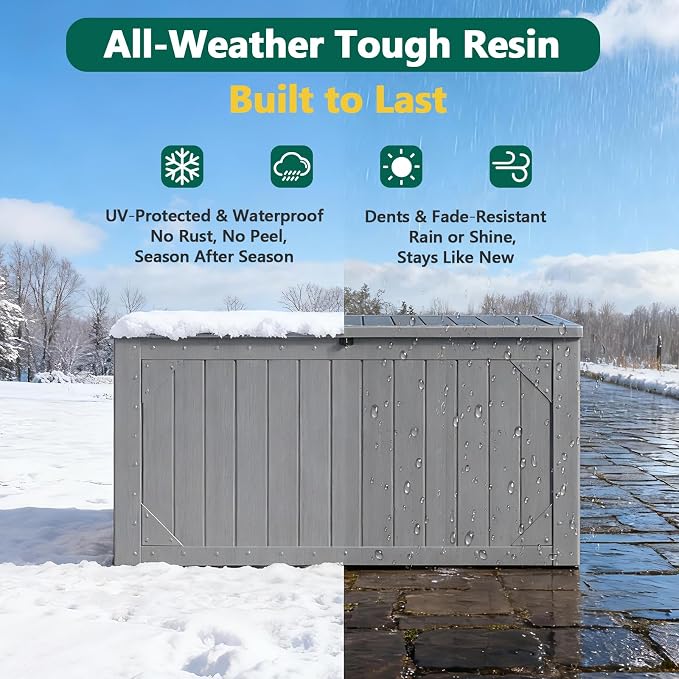 100 Gallon Outdoor Storage Box, Waterproof Resin Deck Box Organizer for Patio Cushion Storage, Lockable Outside Container for Garden Tools