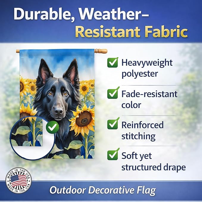 Caroline's Treasures DAC6023CHF Belgian Sheepdog in Sunflowers House Flag Large Porch Sleeve Pole Decorative Outside Yard Banner Artwork Wall Hanging, Polyester, House Size, Multicolor