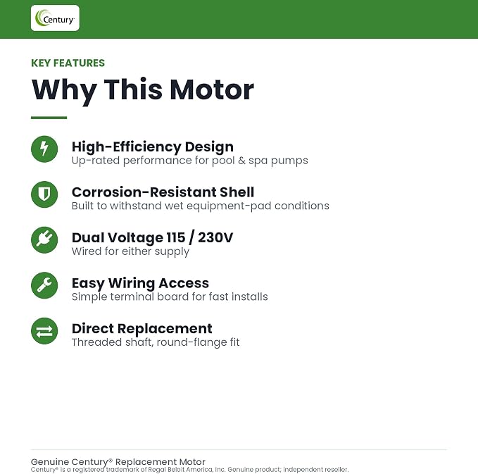 Century Electric UST1152 1 1/2-Horsepower Up-Rated Round Flange Replacement Motor (Formerly A.O. Smith) | 1.5 HP up-rated round flange replacement motor by Century, formerly sold under the AO Smith brand