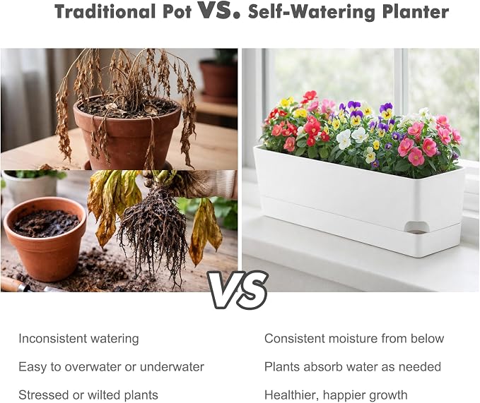 Party Zealot Window Boxes Planters, 3 Pack Self Watering Pots for Indoor Plants 17 Inch Rectangular Planter Rectangle Flower Pots Long Plant Pot Large Window Sill Herb Planter Box, White