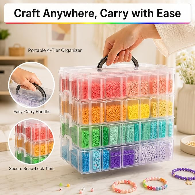 Bead Organizers and Storage, 84 Pcs Small Plastic Containers with Lids and 4-Tier Stackable Storage Box, Mini Clear Organizers for Jewelry Toys Craft Storage (4 tire different sizes 84pcs)