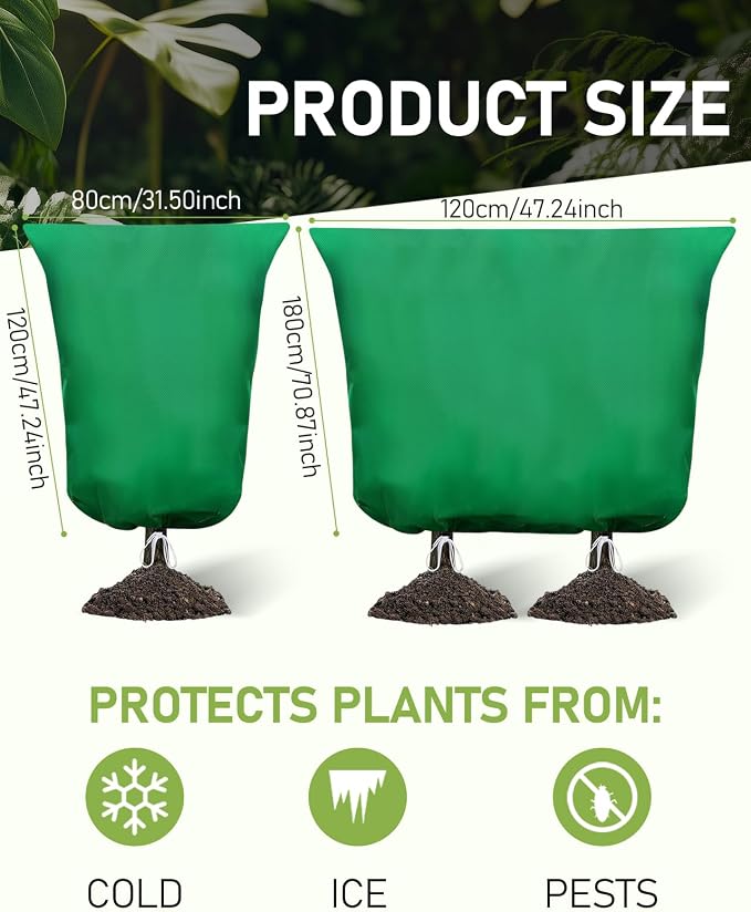 Winter Plant Covers Freeze Protection, 2 Pack Frost Covers (31.5" x 47.3"), with Zipper and Drawstring Reusable, 2.36 oz/yd² Frost Blankets for Outdoor Plants, for Potted Shrubs Fruit Trees