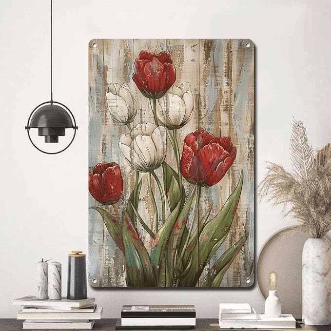 Metal Sign Tin Sign Vintage Wall Art Rustic Charm Tulips Tin Sign for Easy Installation Weather Resistant Design and Vintage Aesthetic Bar Signs for Home Decor for Room 6×8 Inches