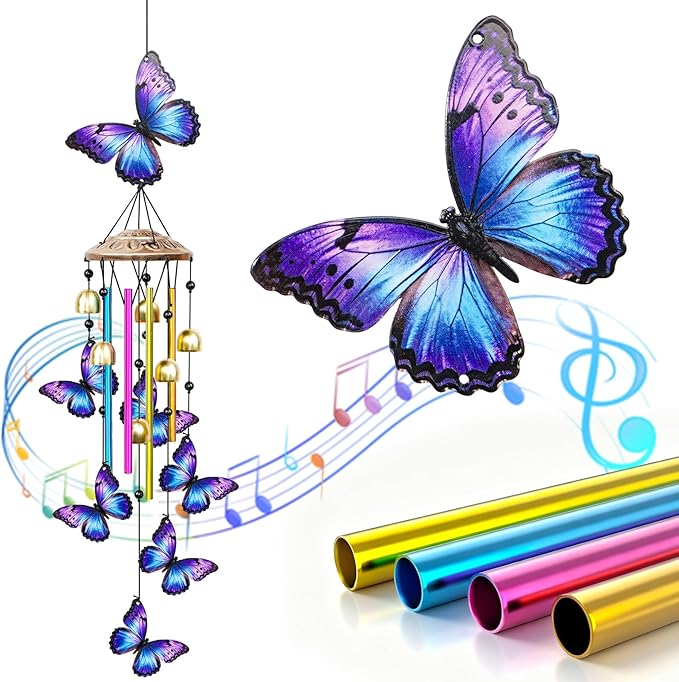 35" Wind Chimes for Outside, Hand-Tuned Aluminum Windchimes with 6 Bells & Butterfly Decor, Rustproof Metal Chimes for Garden Patio Porch, Sympathy Memorial Gift for Mom Women(Butterfly)