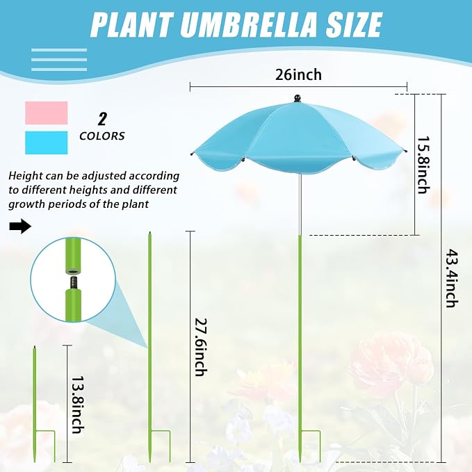 Axcoix 2 Pack Upgraded Plant Umbrellas for Outdoor Plants, 26" Larger Garden Plant Umbrella Shade with Adjustable Angle, 43.4" Higher Sun Shade for Plants, Potted Plant, Garden Beds (Pink & Blue)