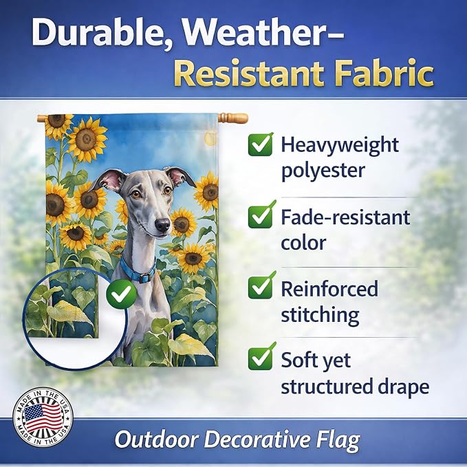 Caroline's Treasures DAC6176CHF Whippet in Sunflowers House Flag Large Porch Sleeve Pole Decorative Outside Yard Banner Artwork Wall Hanging, Polyester, House Size, Multicolor