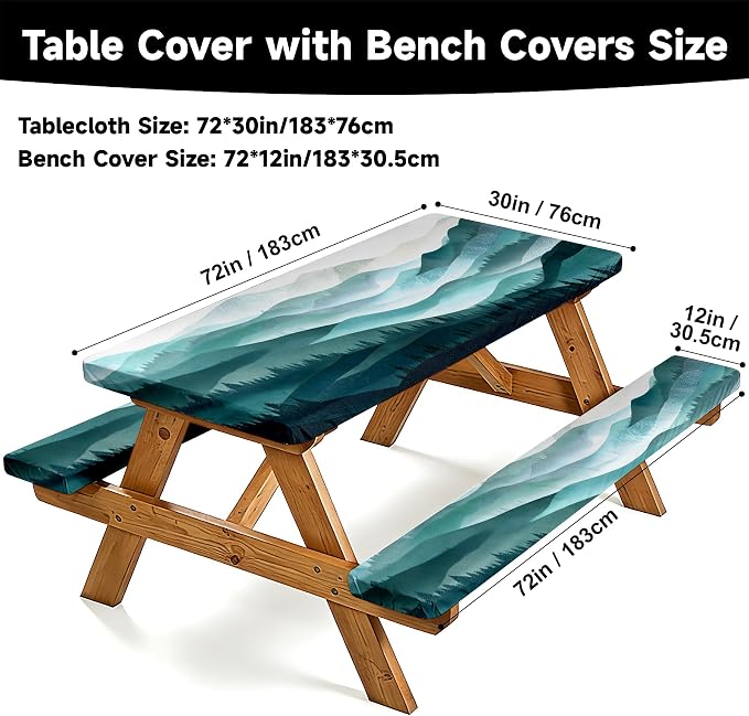NYZE 3 Piece Picnic Cover Set Table Cover with Bench Covers, Elastic Edge Camping Tablecloth, Mountain Decorative Cover with Drawstring Bag, Camping Essentials for Outdoor Picnics, Patio, BBQ