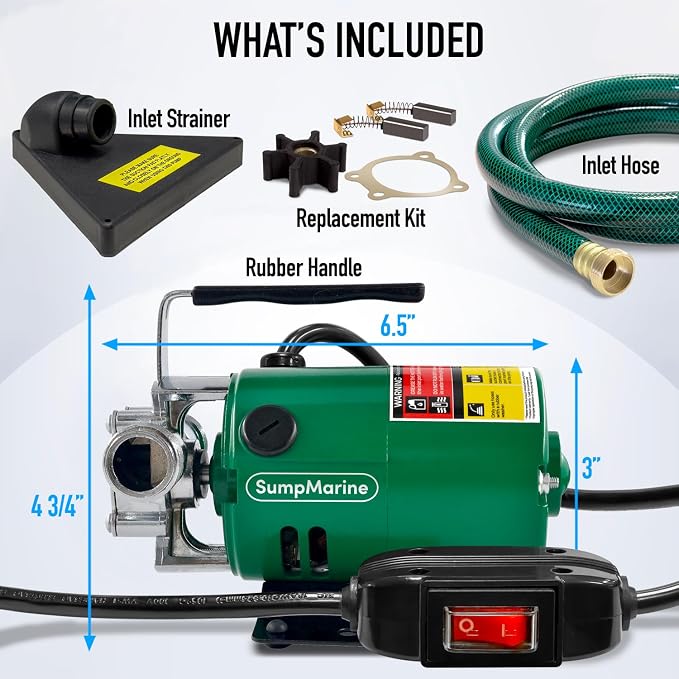 SumpMarine Water Transfer Pump, 115V 330 Gallon Per Hour - Portable Electric Utility Pump with ON/OFF Switch and 6' Water Hose Kit - Remove Water From Garden, Hot Tub, Pool, Aquariums