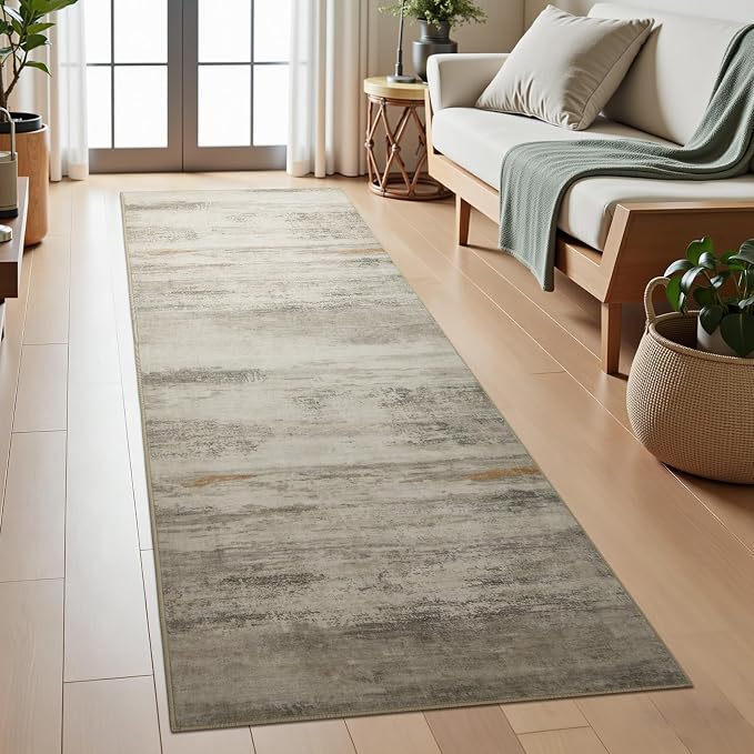 Joydeco 2x6 Modern Abstract Washable Runner Rug – Low Pile Faux Wool with Non-Slip Backing, Neutral Print Carpet Runner for Hallway, Kitchen, Entryway and Bedroom, White&Grey&Brown