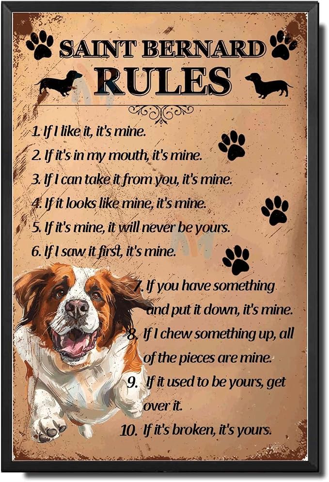 Metal Sign Tin Sign Vintage Wall Art Saint Bernard Rules Metal Sign for Bar 8×12 Inches with Metal Frame