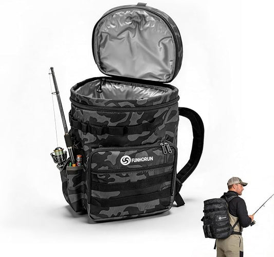 FUNHORUN Fishing Bucket Organizer for 5 Gallon Bucket, Fishing Tackle Bag with Backpack Straps, Detachable Lid & Multi-Pockets for Storage, Full Water-Resistant (Bucket, Seat & Tools Not Included)