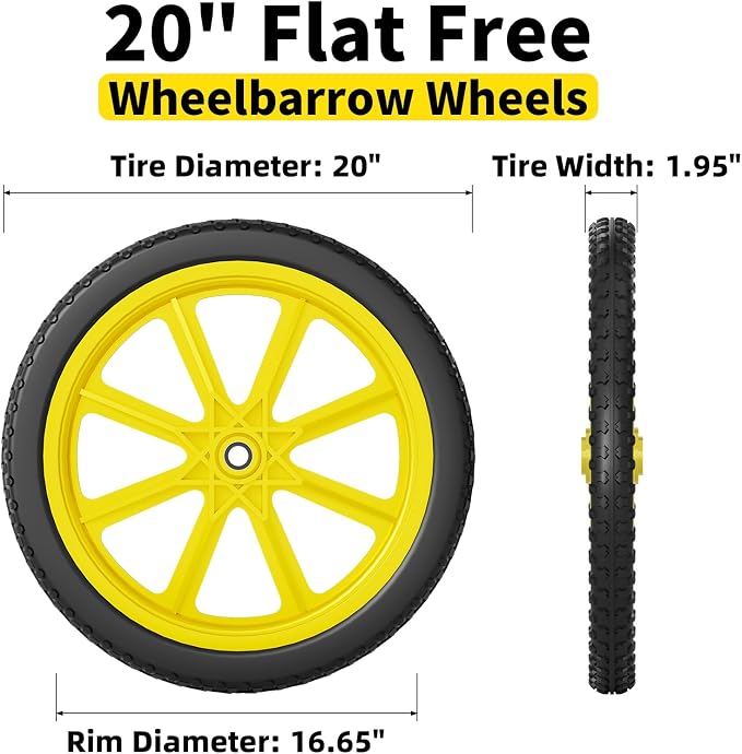 RONPOW 20 Inch Flat Free Wheelbarrow Wheels Compatible with rubbermaid Wheelbarrows Cart Tires, 5/8" Bearings and 3/4" Bearings, Replacement Wheelbarrow Wheels Garden Yard Carts, 400Lbs, 2Pack Yellow