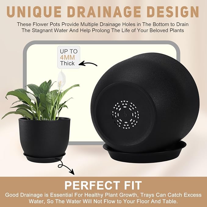 YNNICO Plant Pots 10/9/8/7.5/7 inch Set of 5,Flower Pots with Multi Mesh Drainage Holes, Large Planters for Indoor Outdoor Garden Plants and Flowers. (Black)