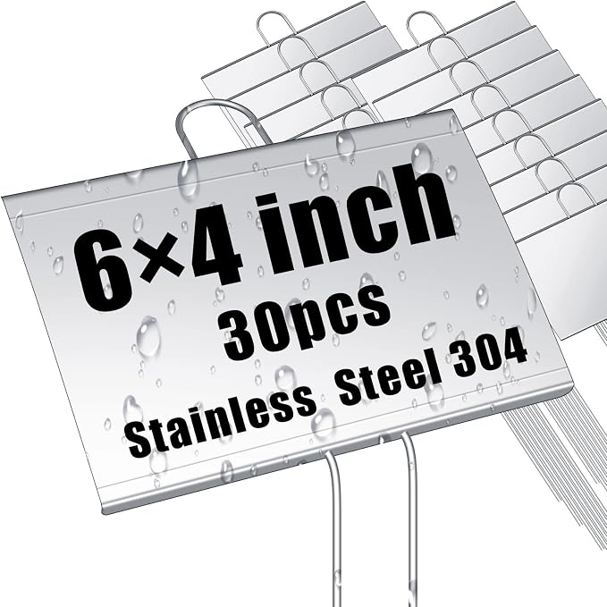 Landhoow 30 Pcs Large Garden Plant Markers Metal Plant Labels Sign 4'' x 6'' with 11'' Stake Weatherproof Waterproof Garden Sign for Outdoor Tree Seedlings Herbs Vegetable Greenhouse, Silver
