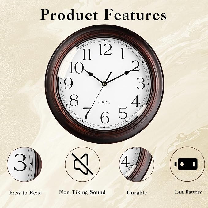 KECYET 16 Inch Wall Clocks Battery Operated Silent Non-Ticking Wall Clock Vintage Retro Rustic Style Decorative for Living Room Kitchen (Bronze)