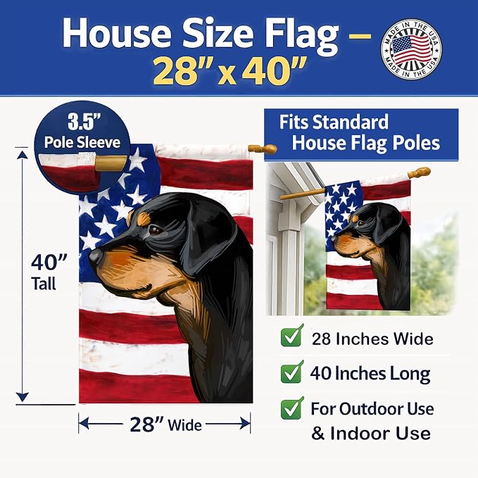 Caroline's Treasures CK6714CHF Smaland Hound Dog American Flag House Flag Large Porch Sleeve Pole Decorative Outside Yard Banner Artwork Wall Hanging, Polyester, House Size, Multicolor