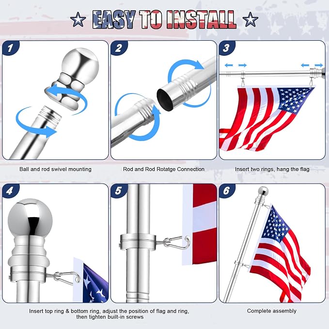 House Flag Pole, REERON 5 FT Metal Spinning Flagpole Kit, 1" Tangle Free Stainless Steel Flag Pole with 360° Flagpole Rings for Outside House Porch Residential Wall Mount for 3x5 Flag, Without Bracket