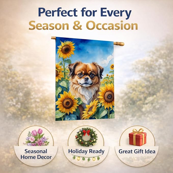 Caroline's Treasures DAC6167CHF Tibetan Spaniel in Sunflowers House Flag Large Porch Sleeve Pole Decorative Outside Yard Banner Artwork Wall Hanging, Polyester, House Size, Multicolor