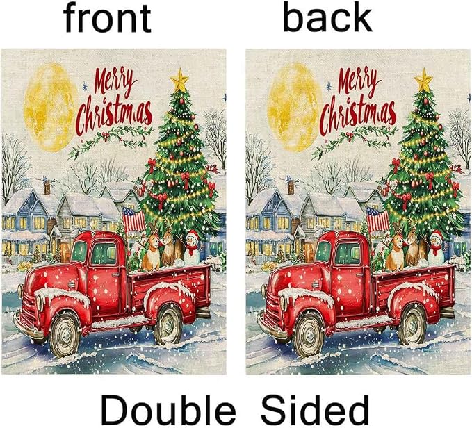 EMMTEEY Truck Garden Flag Red Truck with Christmas Tree House Burlap Garden Flags Large Outdoor Flags 28X40 Double Sided Winter Garden Flags Holiday Flags for Outside for Winter Christmas Decoration