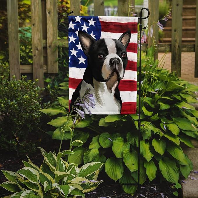 Caroline's Treasures CK6451GF Boston Terrier Dog American Flag Garden Flag Mailbox Flag Decorative Yard Flag Banner Outside Patio Artwork Yard Flower Beds, Garden Size, Multicolor