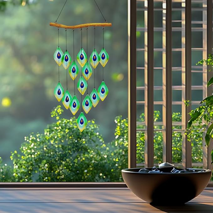 Handmade Peacock Feathers Glass Wind Chimes – Sea Glass Garden Windchimes for Outside, Hand-Painted Glass Suncatcher, Durable