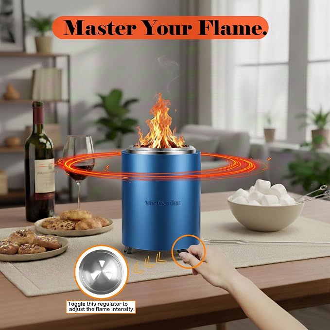 Portable Tabletop Fire Pit, VivaGarden Smokeless Table Top Fire Pit, Wood Burning & Pellets Outdoor Camping Stove with Carry Bag, Forks and Mat (9.7x7.1 Inch, Blue)