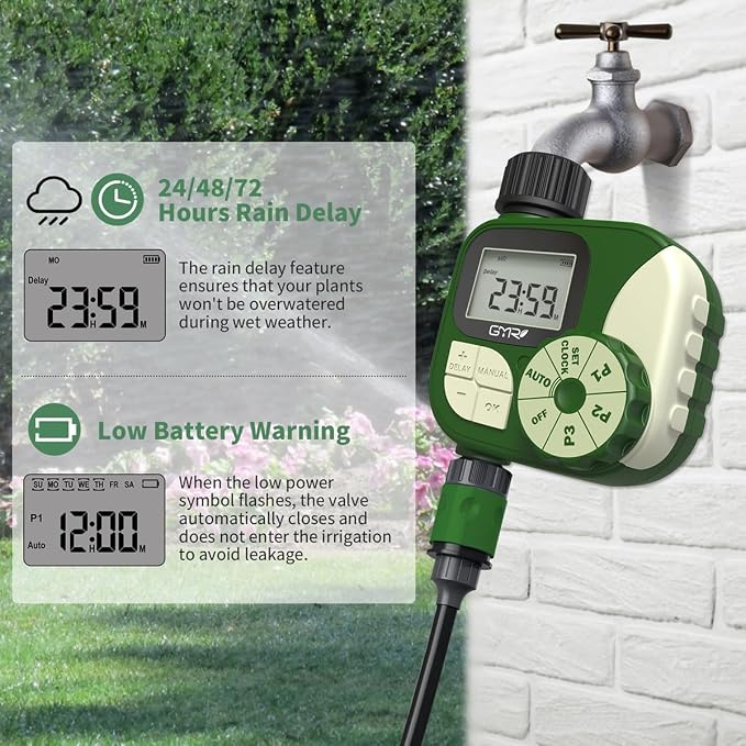 GMR Sprinkler Timer, Water Timer for Garden Hose, Hose Timers for Watering, Irrigation System with 3 Programs/Rain Delay/Manual/Auto Watering System, 1 Outlet