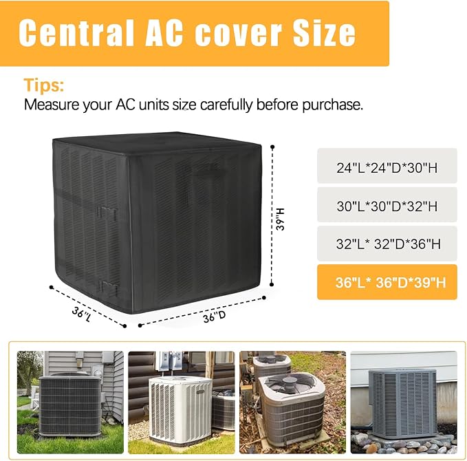 SUNICO Winter Air Conditioner Covers for Outside Units, 36x36x39in, Black | 3 Layers insulation waterproof cover, heavy duty 600D, antifreeze aluminum foil layer, snowproof, windproof buckle strap