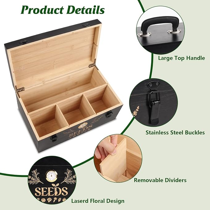 Seed Storage Box with Built-in Hygrometer, Natural Bamboo Seed Saving Box with Seal Design Lid, Safety Lock & Solid Handles, Extra Seed Envelopes and Labels – Great Gift for Gardeners (Black)