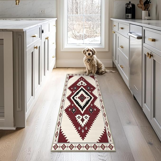 Western 2x6 Runner Rugs for Hallway Southwestern Kitchen Area Rug | Washable Southwest Area Rug Low Pile Non-Slip Navajo Aztec Tribal Long Carpet for Kitchen Doorway Laundry, Beige Red