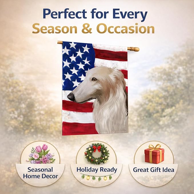 Caroline's Treasures CK6449CHF Borzoi Dog American Flag House Flag Large Porch Sleeve Pole Decorative Outside Yard Banner Artwork Wall Hanging, Polyester, House Size, Multicolor