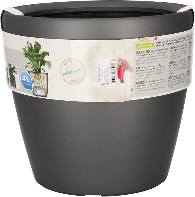 Lechuza Classico LS 35 Charcoal Metallic, Self-Watering Round Planter, D13.8 H13 in