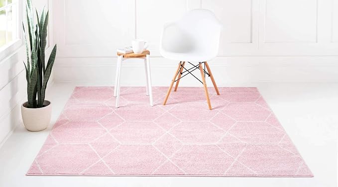 Unique Loom Trellis Frieze Collection Area Rug - Geometric (7' Square, Light Pink/ Ivory)