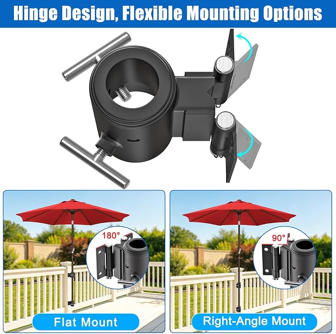 KingDolly Heavy Duty Deck Umbrella Holder with Secure &Space-Saving, Umbrella Holder for Deck Mounted on a Flat Surface or at Right Angles, Umbrella Brackets for Deck Railing, Fits 1"-1.9" Poles